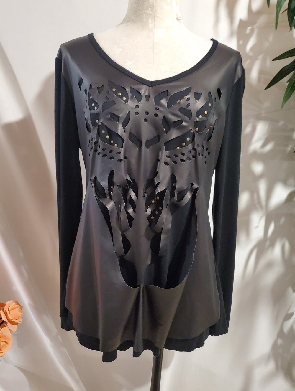 Vocal USA Y2K Studded Faux Leather Cutout Overlay Top Size XL Black Biker Moto